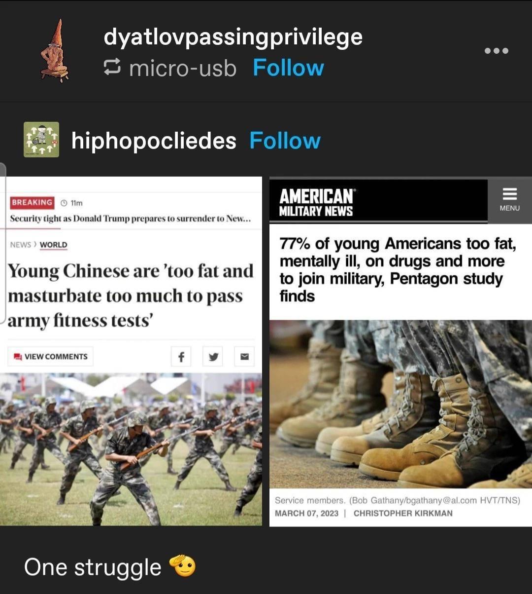 dyatlovpassingprivilege micro usb Follow hiphopocliedes Follow AMERICAN MATTARY NEWS wono 77 of young Americans too fat Young Chinese are oo facand entally il on drugs and more oung Chinese are too fatand 2553 Miliany Pentagon study masturbate 0o much o pass rmy fitness tests One struggle