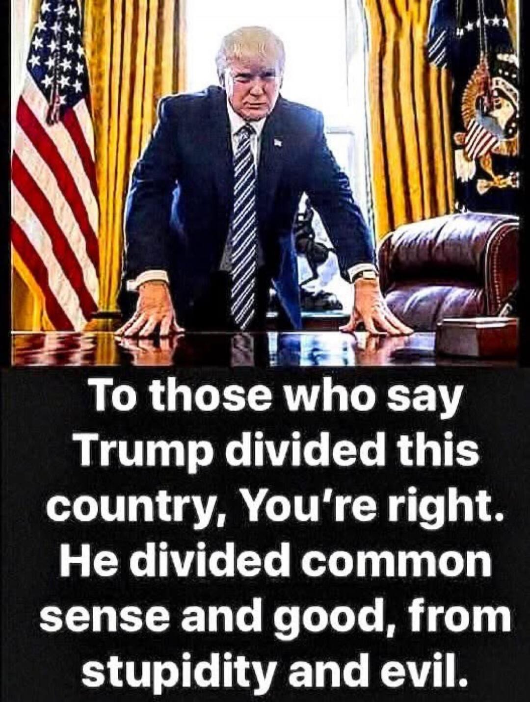 To those who say Trump divided this country, You\'re right. He divided common sense and good, from stupidity and evil.
