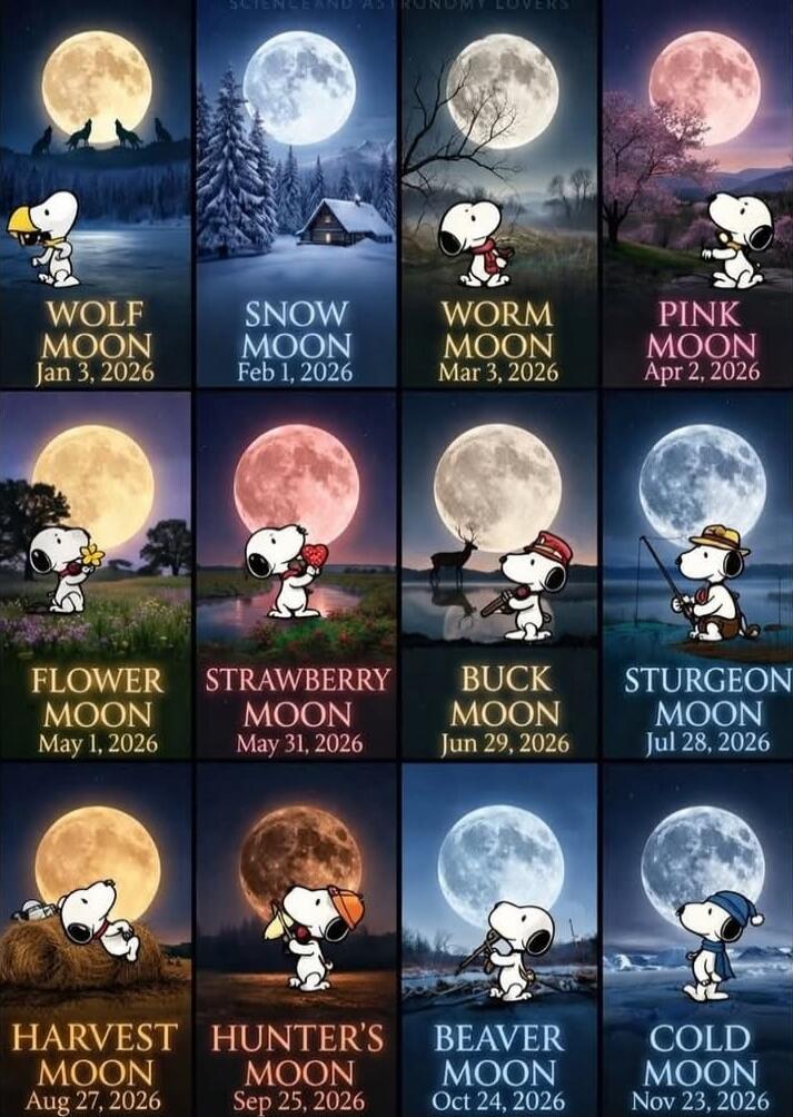 WOLF MOON (Jan 3, 2026); SNOW MOON (Feb 1, 2026); WORM MOON (Mar 3, 2026); PINK MOON (Apr 2, 2026); FLOWER MOON (May 1, 2026); STRAWBERRY MOON (May 31, 2026); BUCK MOON (Jun 29, 2026); STURGEON MOON (Jul 28, 2026); HARVEST MOON (Aug 27, 2026); HUNTER'S MOON (Sept 25, 2026); BEAVER MOON (Oct 24, 2026); COLD MOON (Nov 23, 2026)