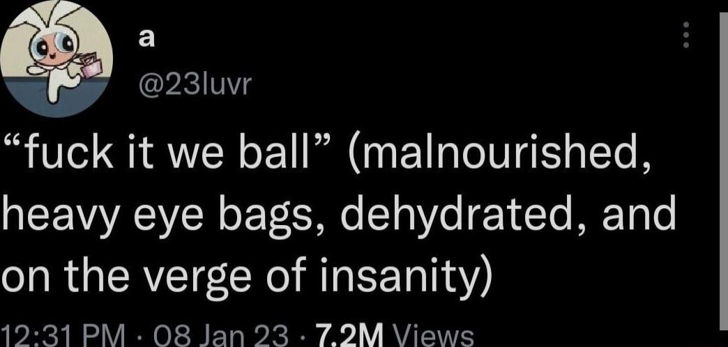 l 23luvr fuck it we ball malnourished heavy eye bags dehydrated and on the verge of insanity 1231 PM O8 Jan 23 79M Views