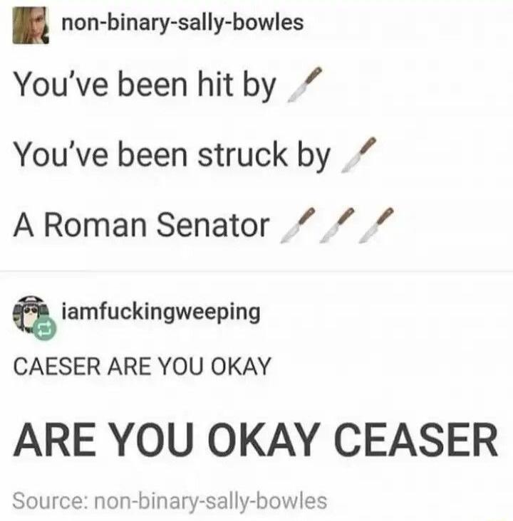 You’ve been hit by 🗡
You’ve been struck by 🗡
A Roman Senator 🗡🗡🗡

CAESER ARE YOU OKAY
ARE YOU OKAY CEASER
