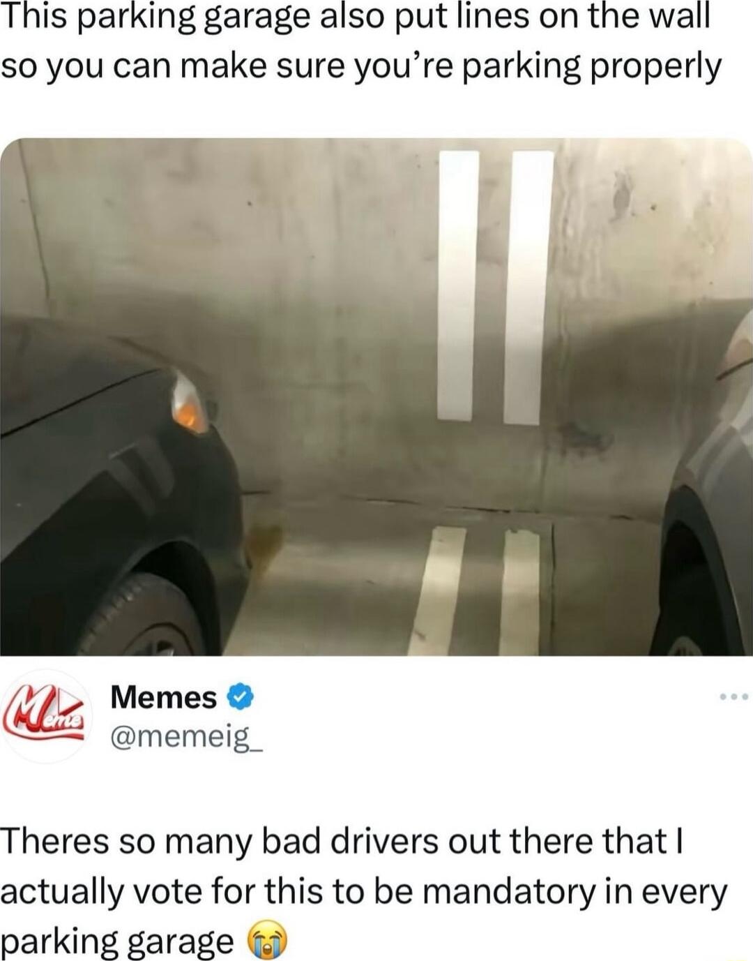 This parking garage also put lines on the wall so you can make sure youre parking properly l Memes memeig_ Theres so many bad drivers out there that actually vote for this to be mandatory in every parking garage