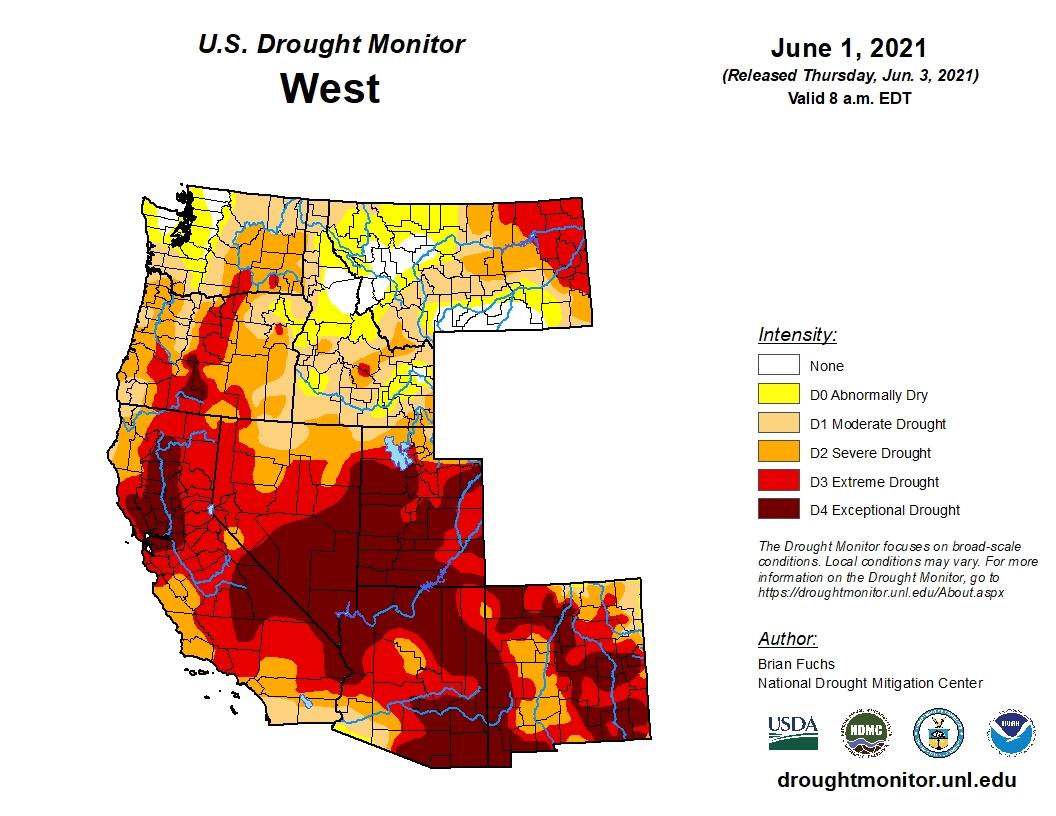 US Drought Monitor June 1 2021 Released Thursday Jun 3 2021 West Valid 8 am EDT Intensity None poAbnomaly bry D1 Moderate brought o2 severe brougnt I o extreme Drought Il o Exceptional Drought The Drought Monitor focuses on broad scale conditions Local conditions may vary For more information on the Drought Monitor go fo htipsdroughtmonitorunl eduAbout aspx Author Brian Fuchs National Drought Miti