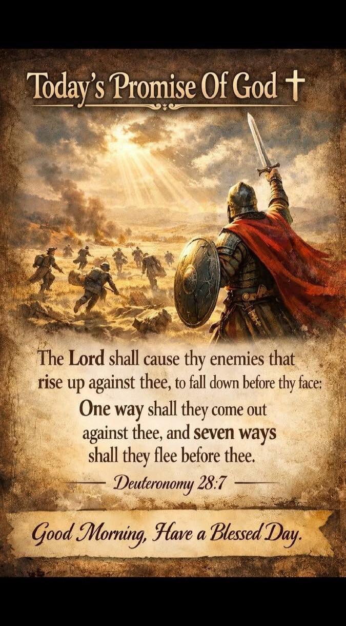 Today's Promise Of God †
The Lord shall cause thy enemies that rise up against thee, to fall down before thy face: One way shall they come out against thee, and seven ways shall they flee before thee. Deuteronomy 28:7
Good Morning, Have a Blessed Day.