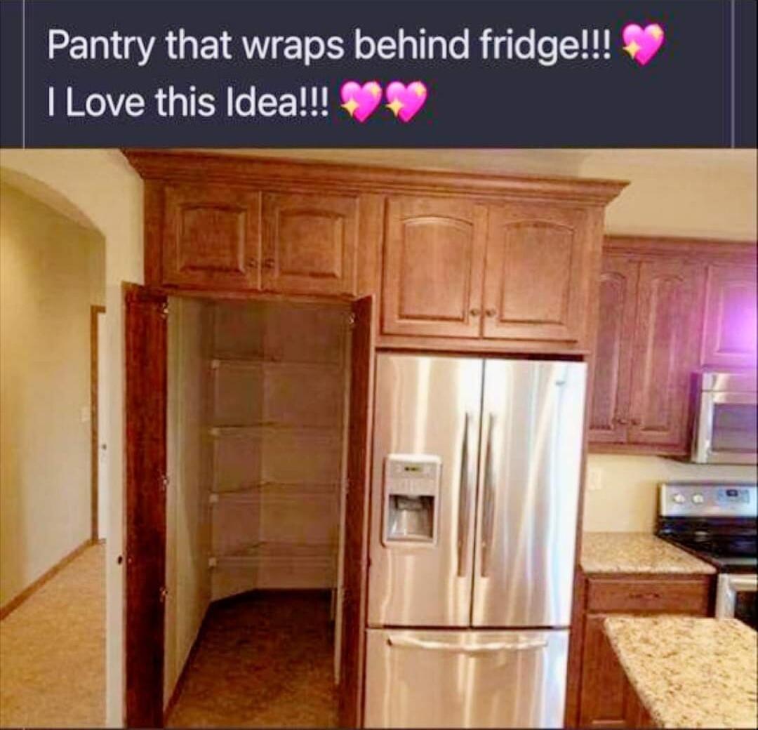 Pantry that wraps behind fridge