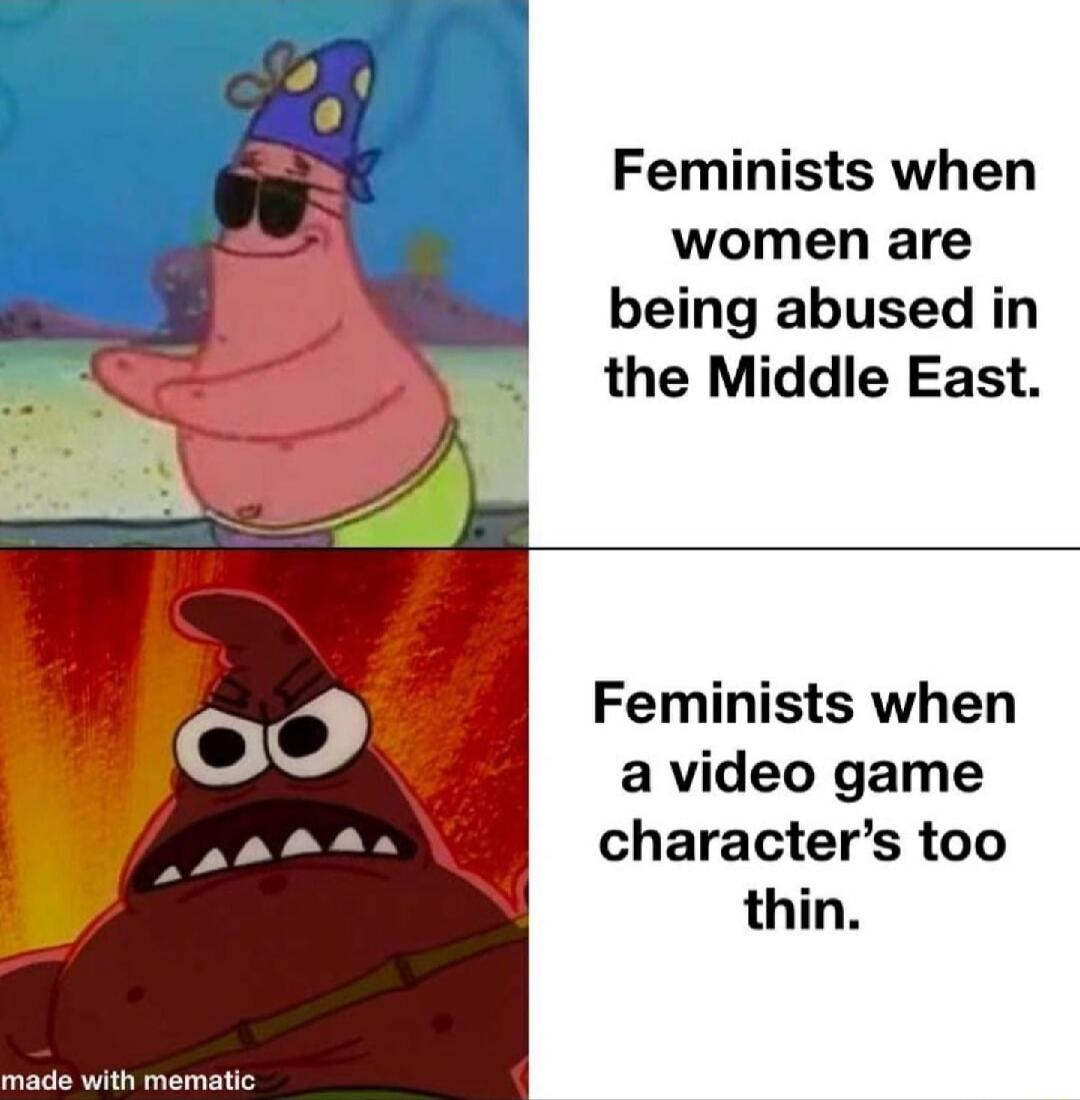 Feminists when women are being abused in the Middle East avideo game characters too thin made with mematic