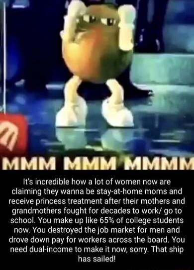 B MMM Mum Its incredible how a lot of women now are ST RGEAVEL L ER R EIET R T R T BN T receive princess treatment after their mothers and grandmothers fought for decades to work go to school You make up like 65 of college students now You destroyed the job market for men and drove down pay for workers across the board You need dual income to make it now sorry That ship has sailed