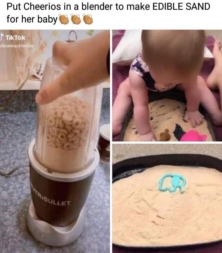 Put Cheerios in a blender to make EDIBLE SAND for her baby