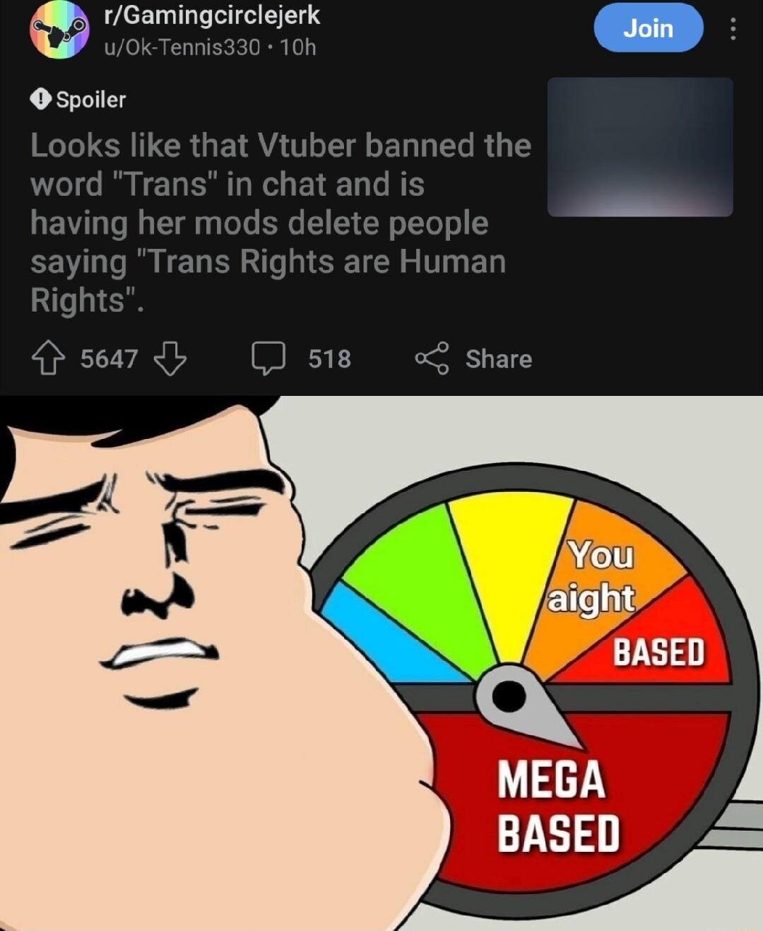 rGamingcirclejerk wOkTennis330 10h Spoiler LI LR GE QYT EL L E R U T word Trans in chat and is having her mods delete people saying Trans Rights are Human Rights e s6a7 b 518 o share