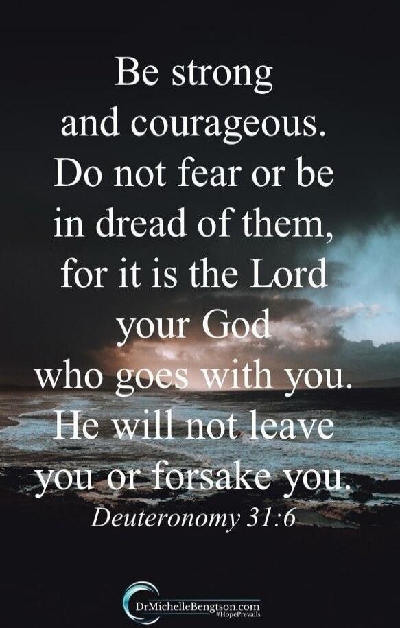 Be strong and courageous. Do not fear or be in dread of them, for it is the Lord your God who goes with you. He will not leave you or forsake you. Deuteronomy 31:6