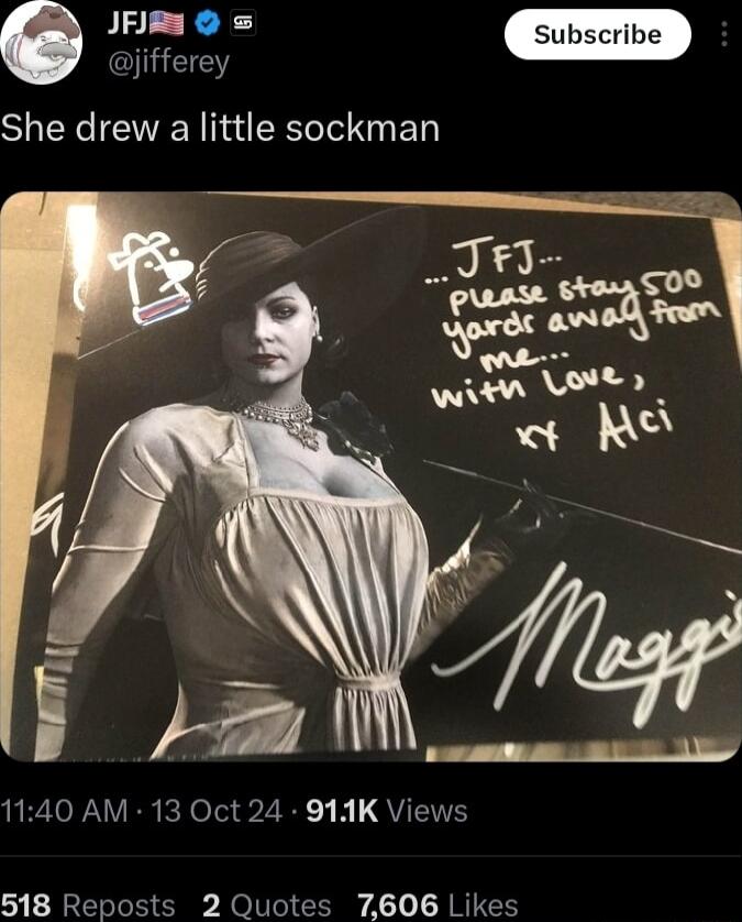 e jifferey She drew a little sockman 1140 AM 13 Oct 24 911K Views 518 Reposts 2 Quotes 7606 Likes