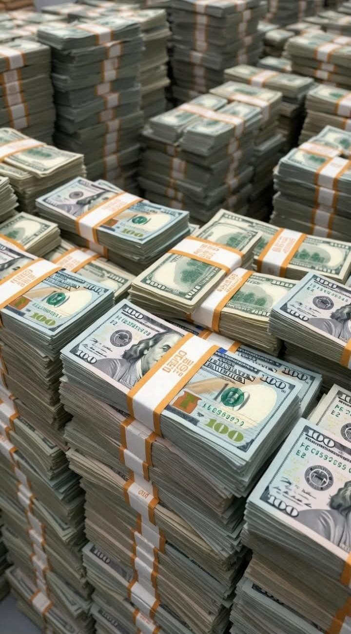 Stacks of US hundred-dollar bills. Federal Reserve Note. 100. Benjamin Franklin portrait.