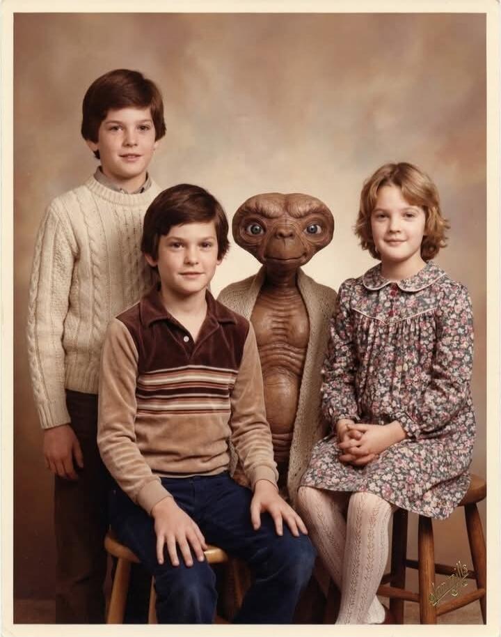 Three kids posing with an alien prop in a vintage studio portrait.