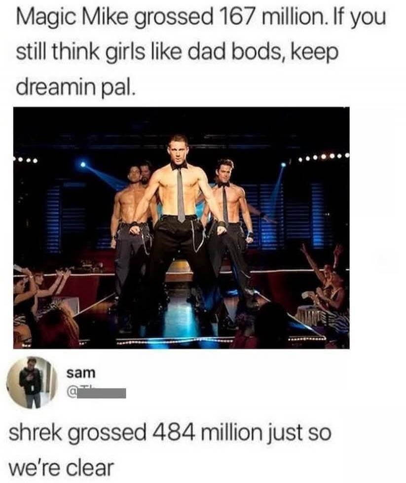 Magic Mike grossed 167 million. If you still think girls like dad bods, keep dreamin pal. sam shrek grossed 484 million just so we're clear