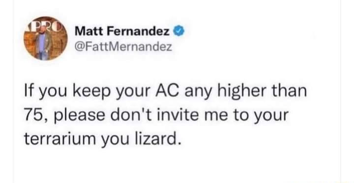 Matt Fernandez FattMernandez If you keep your AC any higher than 75 please dont invite me to your terrarium you lizard