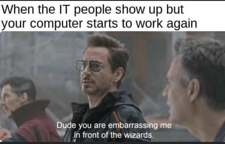 When the IT people show up but your computer starts to work again Dude you are embarrassing me in front of the wizards