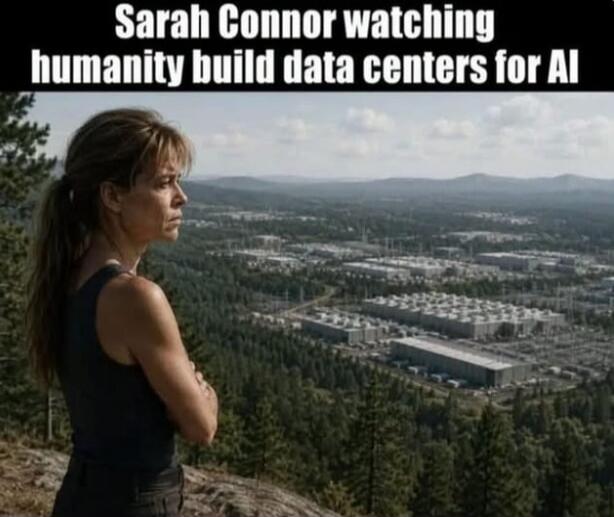Sarah Connor watching humanity build data centers for AI