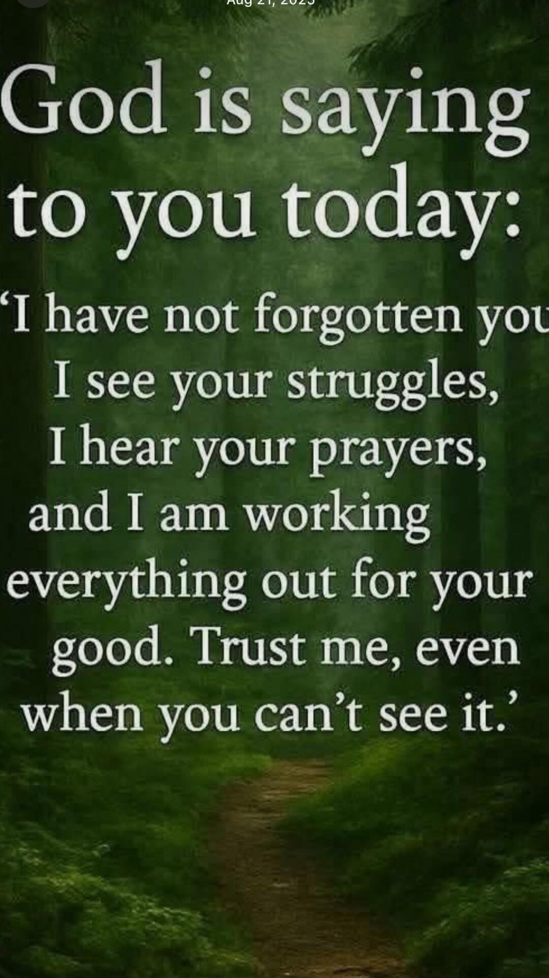 God is saying to you today:\n'I have not forgotten you\nI see your struggles,\nI hear your prayers,\nand I am working everything out for your good.\nTrust me, even when you can’t see it.'