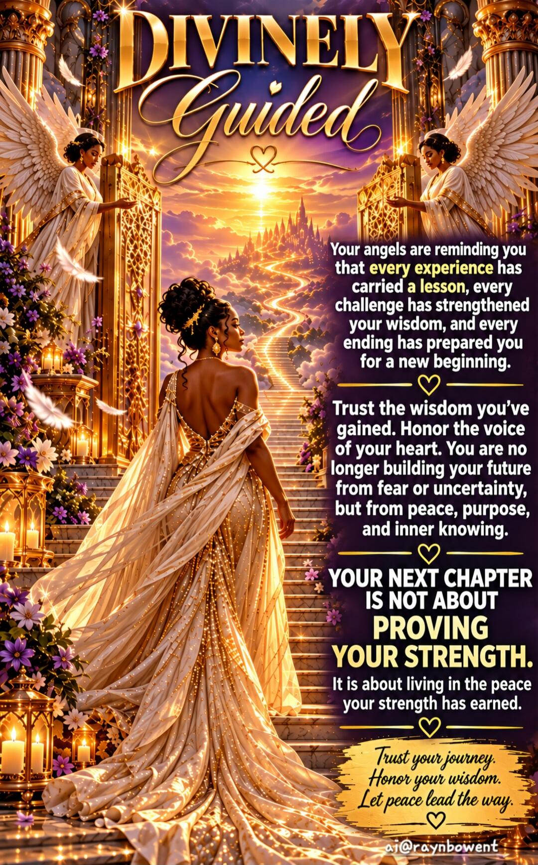DIVINELY GUIDED. Your angels are reminding you that every experience has carried a lesson, every challenge has strengthened your wisdom, and every ending has prepared you for a new beginning. Trust the wisdom you've gained. Honor the voice of your heart. You are no longer building your future from fear or uncertainty, but from peace, purpose, and i