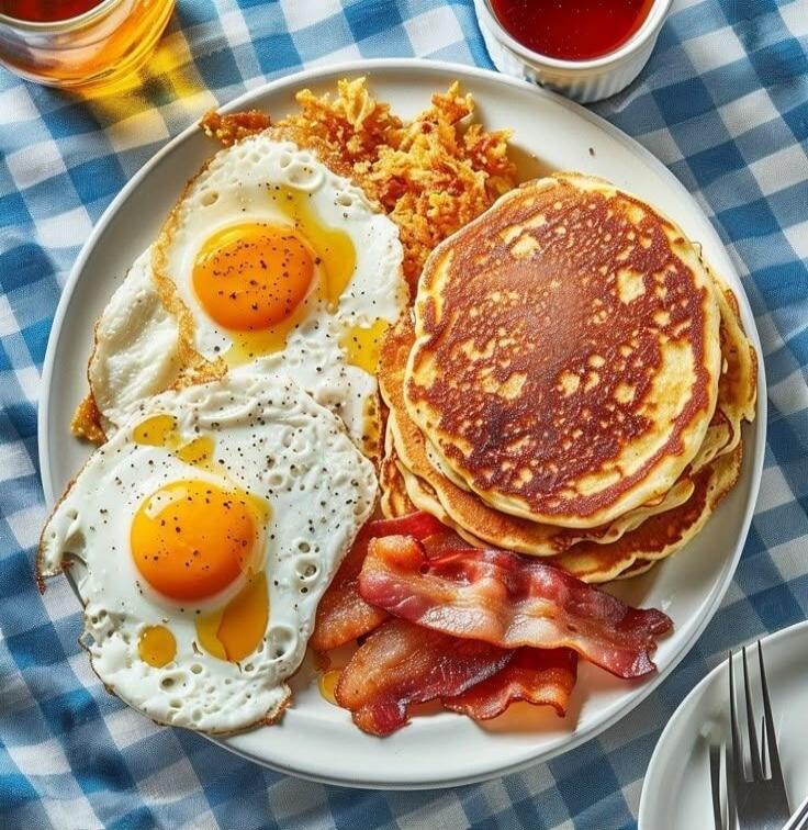 Two sunny-side-up eggs, a stack of pancakes, crispy bacon, and hash browns on a checkered tablecloth.