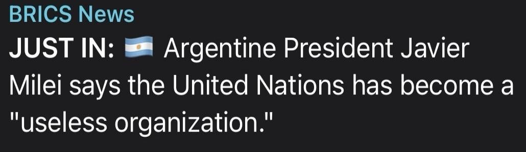 BRICS News. JUST IN: Argentine President Javier Milei says the United Nations has become a 