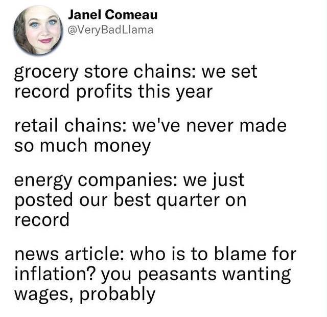 5 Janel Comeau VeryBadLlama grocery store chains we set record profits this year retail chains weve never made so much money energy companies we just posted our best quarter on record news article who is to blame for inflation you peasants wanting wages probably