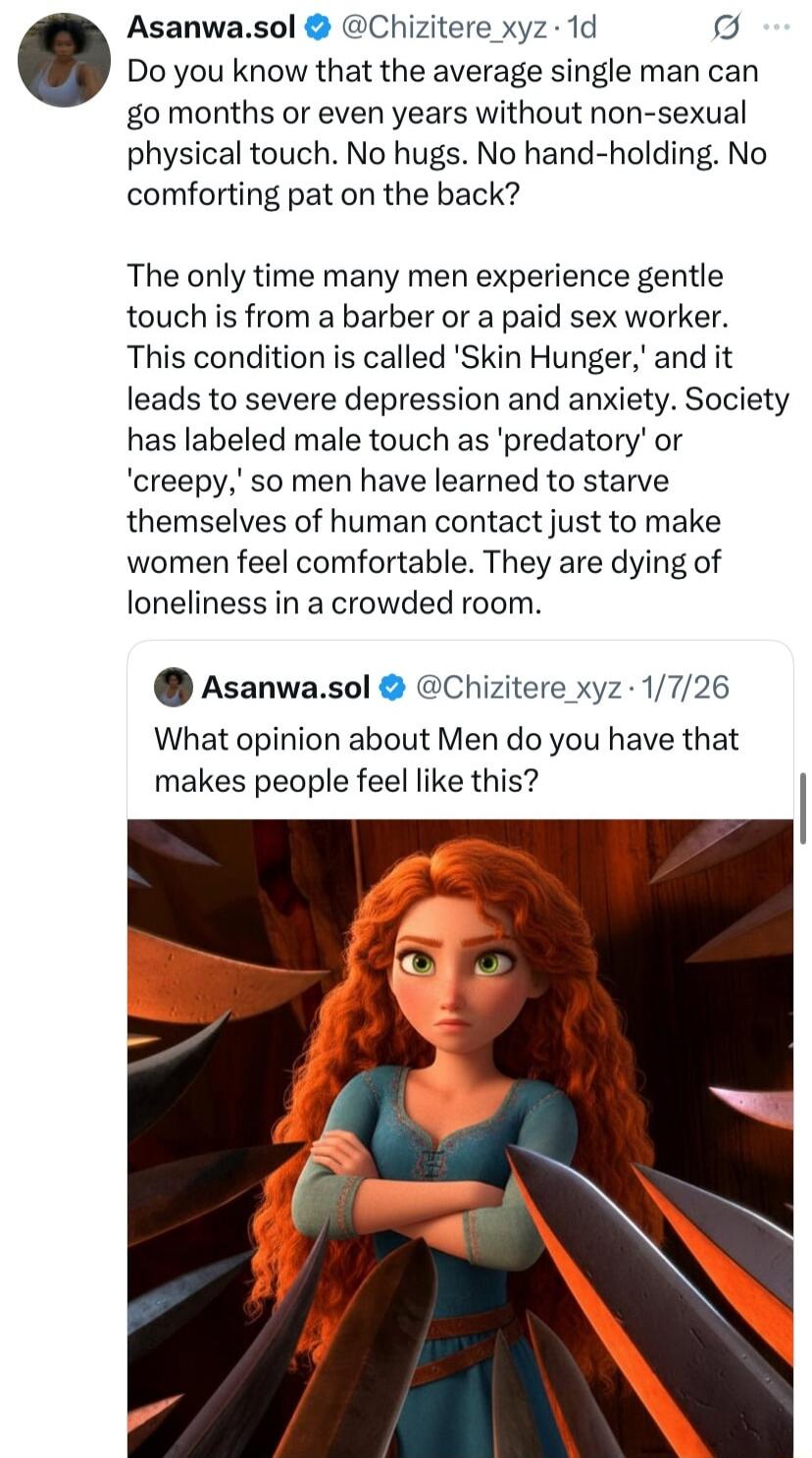 Do you know that the average single man can go months or even years without non-sexual physical touch. No hugs. No hand-holding. No comforting pat on the back? The only time many men experience gentle touch is from a barber or a paid sex worker. This condition is called 'Skin Hunger,' and it leads to severe depression and anxiety. Society has label