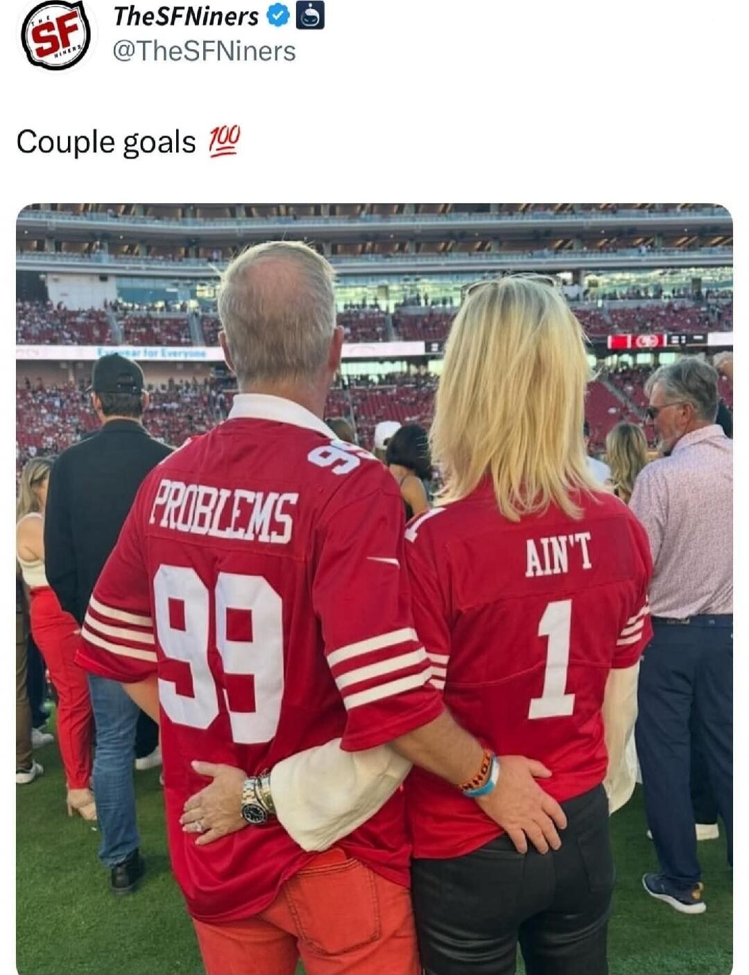 TheSFNiners: Couple goals 💯\nOn the jerseys: 'PROBLEMS' with number 99 and 'AIN'T' with number 1