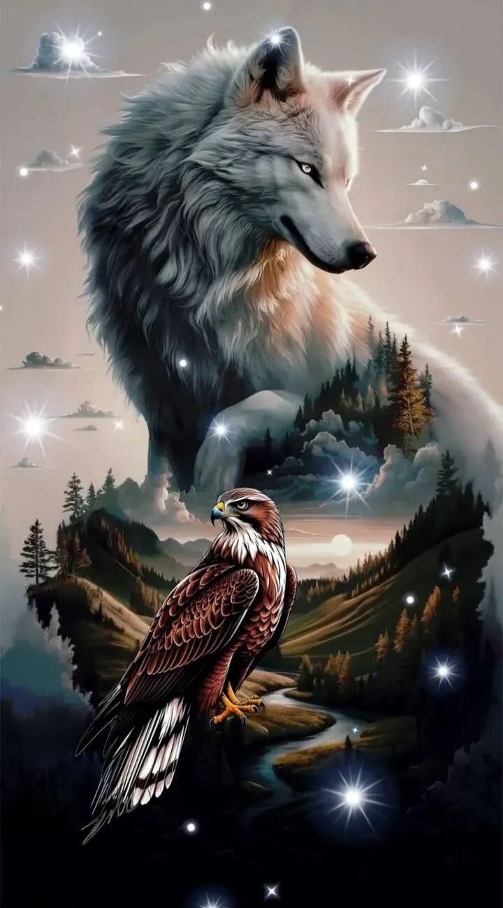 A mystical digital illustration featuring a large white wolf looming over a forested landscape with an attentive eagle perched by a winding stream, set against a dreamy, star-like glow and soft clouds.