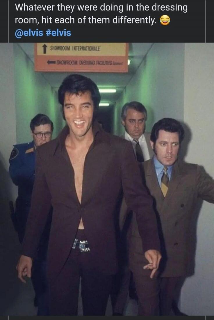 Whatever they were doing in the dressing room, hit each of them differently. 😂 @elvis #elvis. SHOWROOM INTERNATIONALE. SHOWROOM DRESSING FACILITIES.