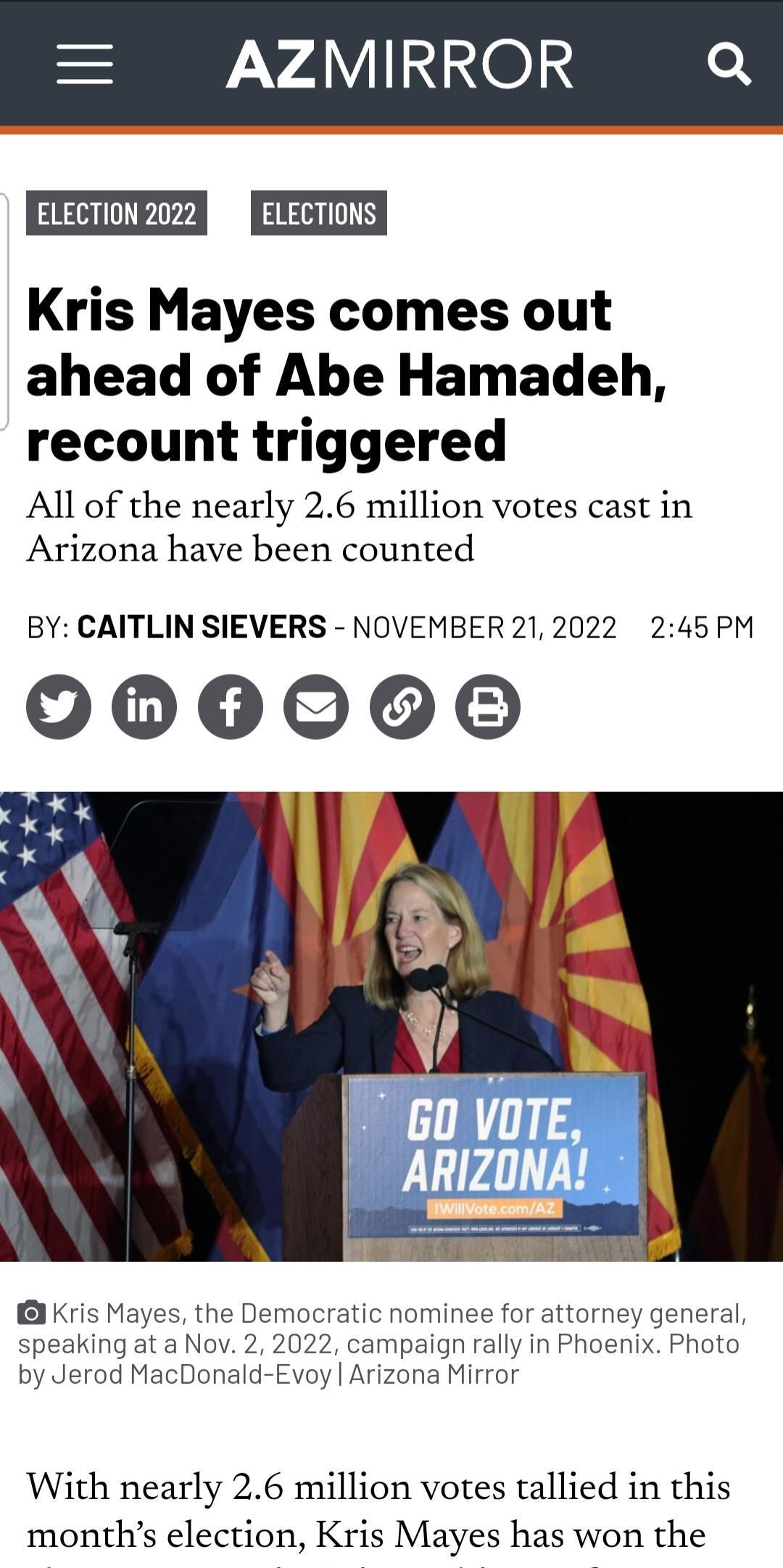 P VA VI ELECTION 2022 ELECTIONS Kris Mayes comes out ahead of Abe Hamadeh recount triggered All of the nearly 26 million vortes cast in Arizona have been counted BY CAITLIN SIEVERS NOVEMBER 212022 245PM 0000606 B Kris Mayes the Democratic nominee for attorney general speaking at a Nov 2 2022 campaign rally in Phoenix Photo by Jerod MacDonald Evoy Arizona Mirror With nearly 26 million votes tallied