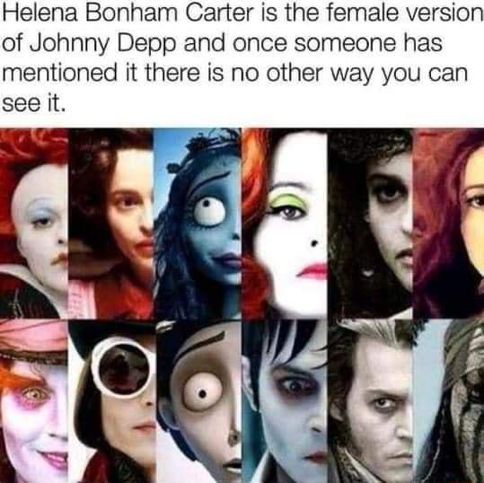 Helena Bonham Carter is the female version of Johnny Depp and once someone has mentioned it there is no other way you can see it