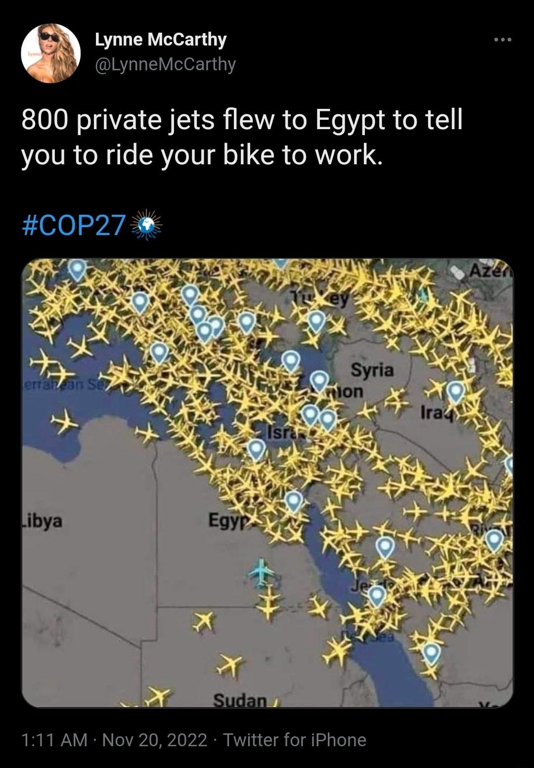 800 private jets flew to Egypt to tell you to ride your bike to work COP27 111 AM Nov 20 2022 Twitter for iPhone