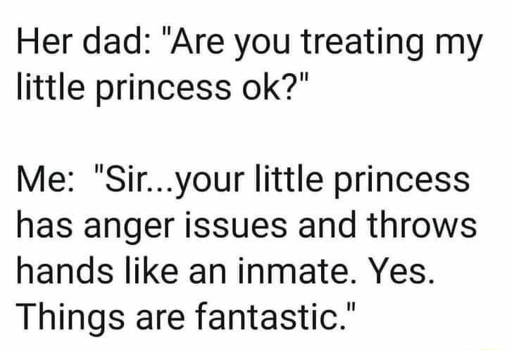 Her dad Are you treating my little princess ok Me Siryour little princess has anger issues and throws hands like an inmate Yes Things are fantastic