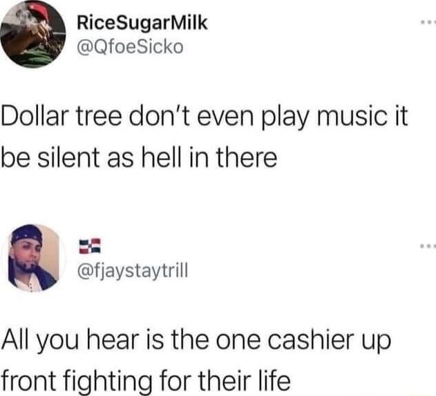 RiceSugarMilk QfoeSicko Dollar tree dont even play music it be silent as hell in there fjaystaytrill All you hear is the one cashier up front fighting for their life