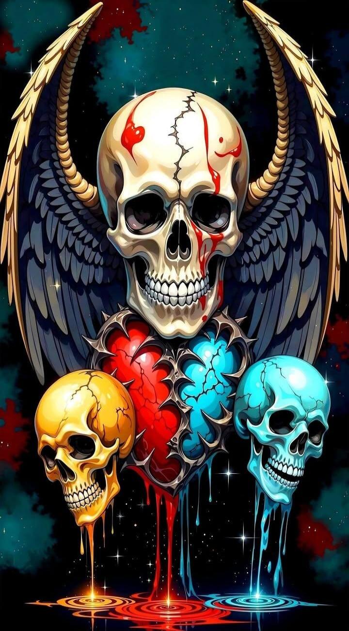 Artwork featuring a large skull with wings and three smaller drippy skulls in yellow, red, and blue.