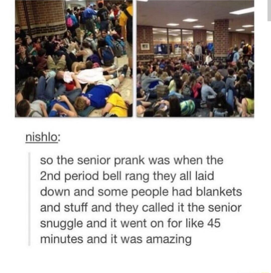4 so the senior prank was when the 2nd period bell rang they all laid down and some people had blankets and stuff and they called it the senior snuggle and it went on for like 45 minutes and it was amazing