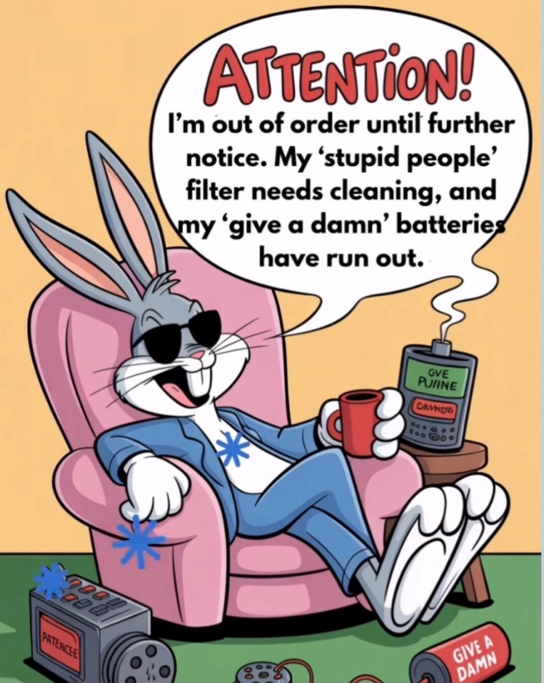 ATTENTION! I'm out of order until further notice. My 'stupid people' filter needs cleaning, and my 'give a damn' batteries have run out. PATENCEE. GIVE A DAMN.