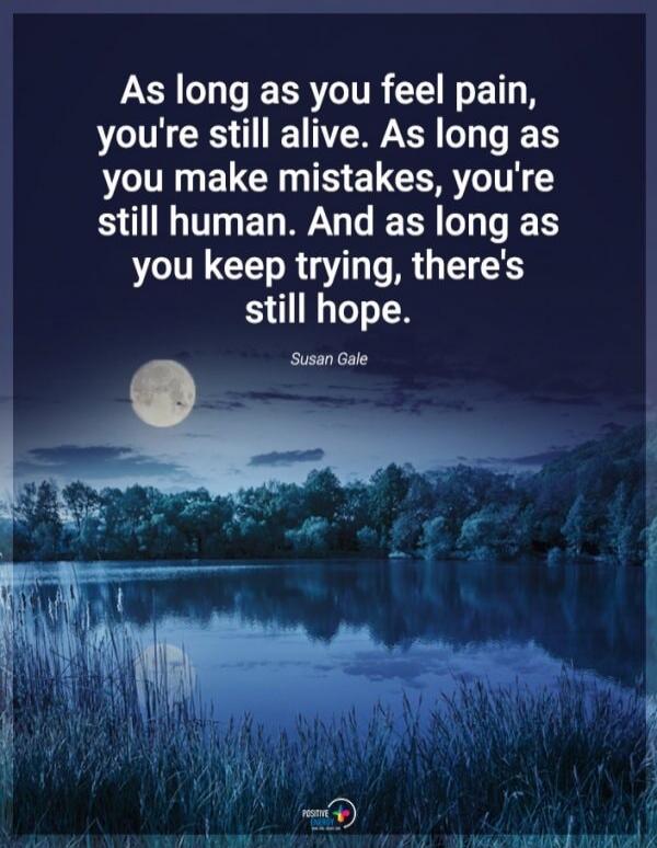 As long as you feel pain, you're still alive. As long as you make mistakes, you're still human. And as long as you keep trying, there's still hope. Susan Gale.