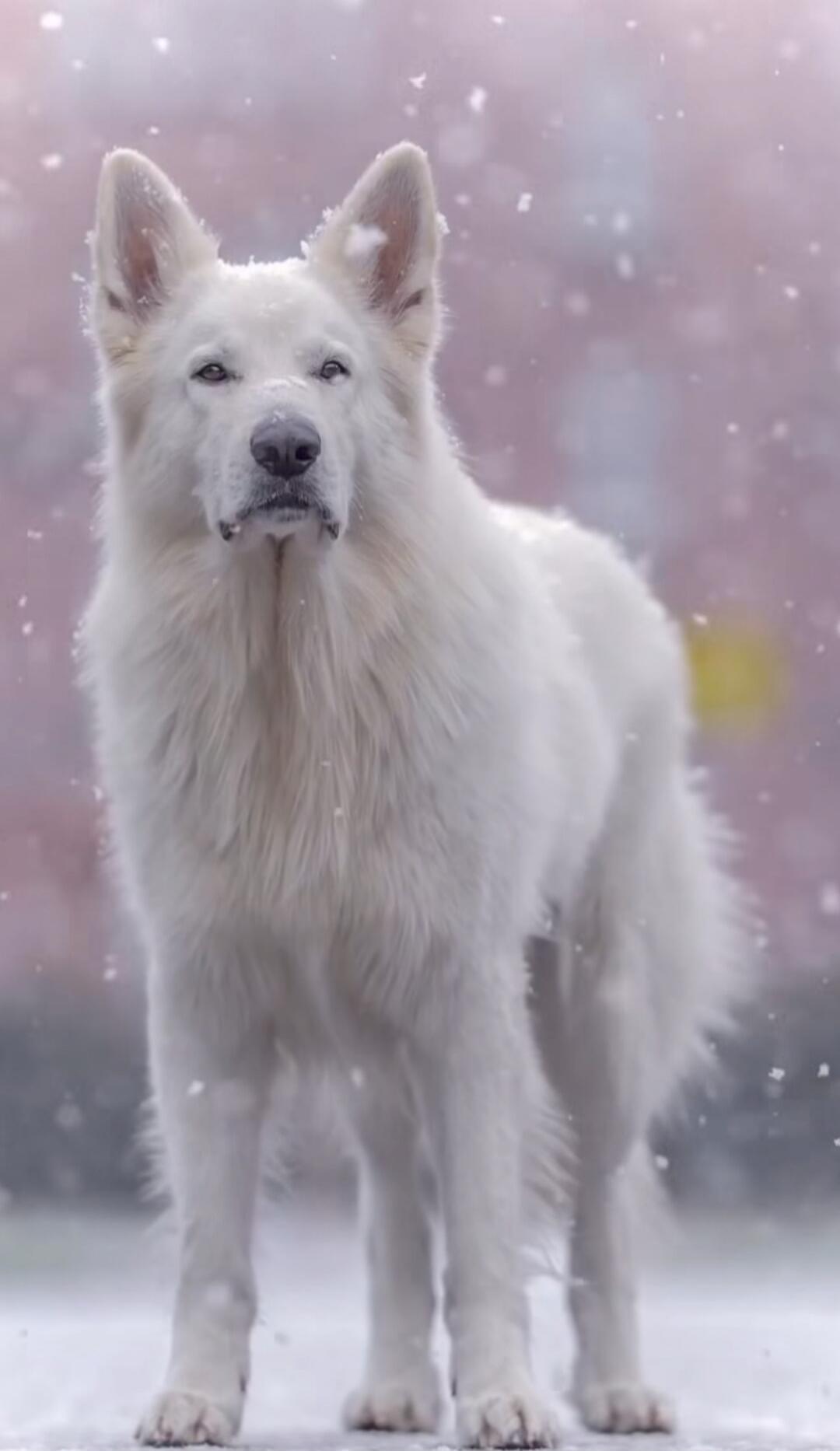 A white fluffy dog standing in the snow.