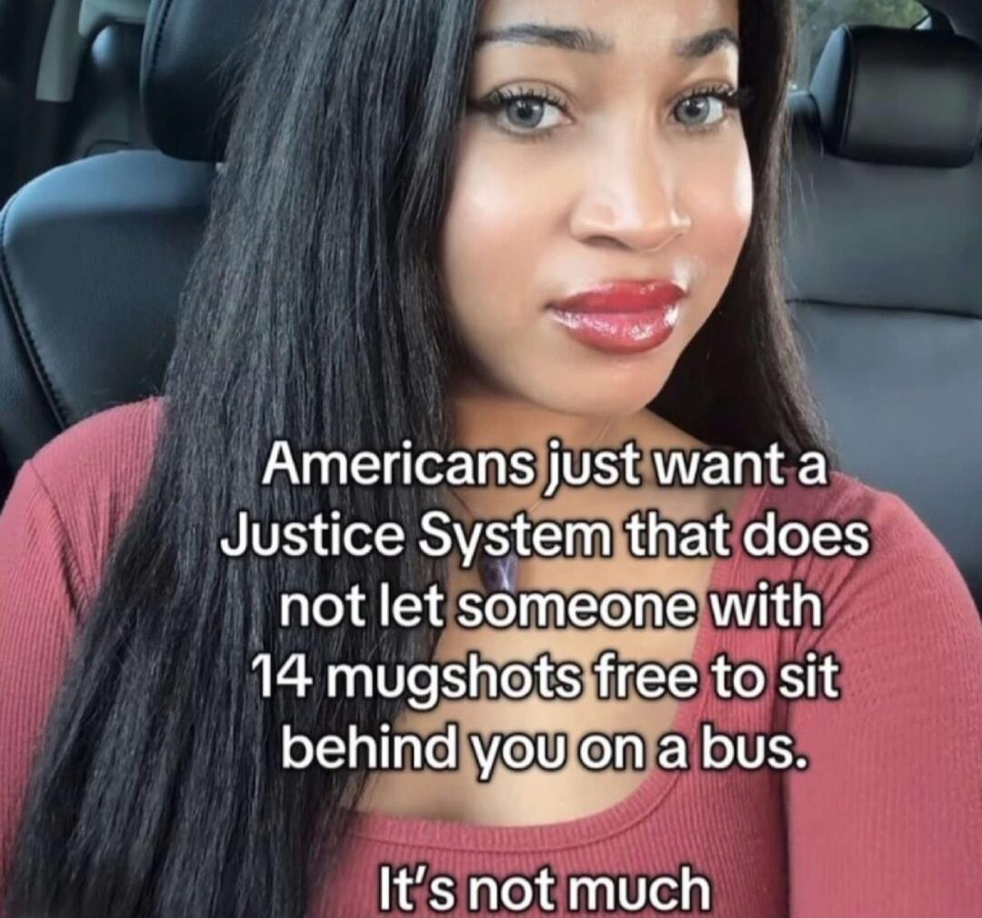 Americans just want a Justice System that does not let someone with 14 mugshots free to sit behind you on a bus. It's not much