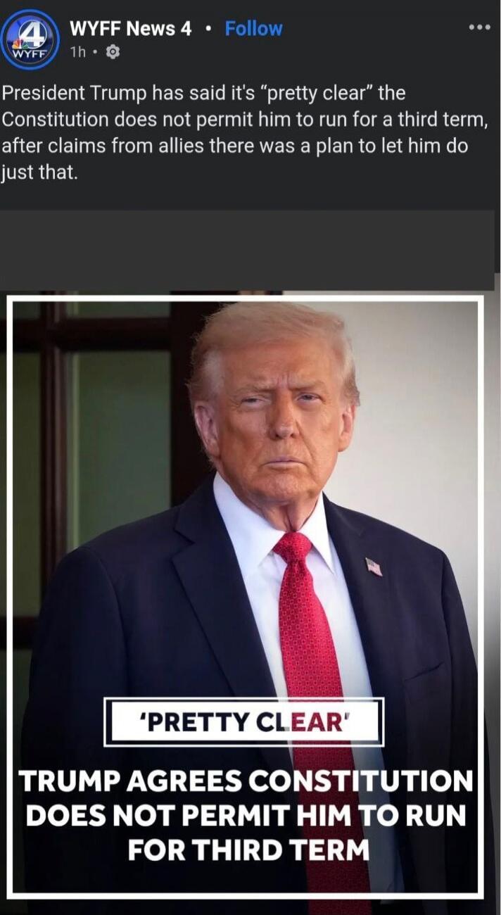 President Trump has said it's “pretty clear” the Constitution does not permit him to run for a third term, after claims from allies there was a plan to let him do just that. 

‘PRETTY CLEAR’ TRUMP AGREES CONSTITUTION DOES NOT PERMIT HIM TO RUN FOR THIRD TERM