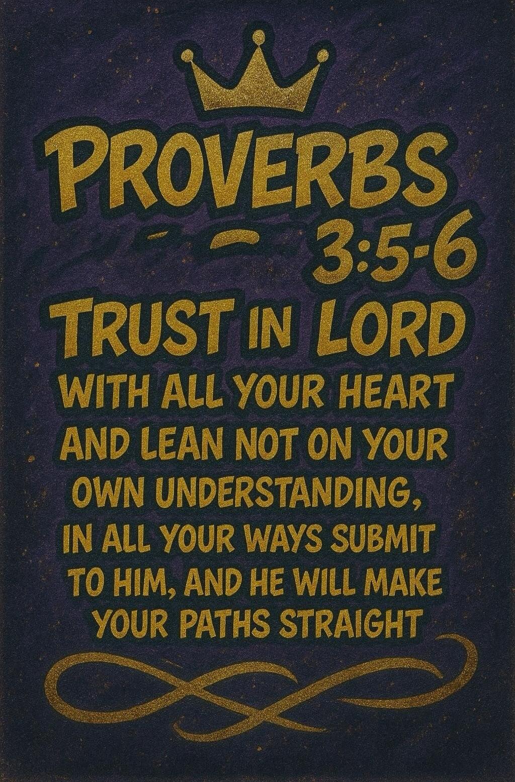 PROVERBS 3:5-6 TRUST IN LORD WITH ALL YOUR HEART AND LEAN NOT ON YOUR OWN UNDERSTANDING, IN ALL YOUR WAYS SUBMIT TO HIM, AND HE WILL MAKE YOUR PATHS STRAIGHT