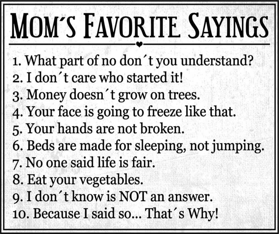 Mom's Favorite Sayings
1. What part of no don’t you understand?
2. I don’t care who started it!
3. Money doesn’t grow on trees.
4. Your face is going to freeze like that.
5. Your hands are not broken.
6. Beds are made for sleeping, not jumping.
7. No one said life is fair.
8. Eat your vegetables.
9. I don’t know is NOT an answer.
10. Because I said