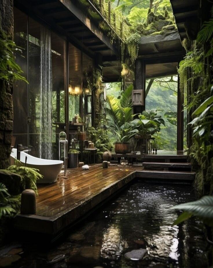 A luxurious bathroom with a waterfall shower and a soaking tub, surrounded by lush greenery and natural elements. The space features a wooden deck, a small pool, and large windows offering views of a forest.