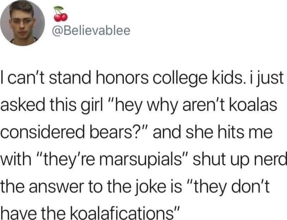 Believablee cant stand honors college kids i just asked this girl hey why arent koalas considered bears and she hits me with theyre marsupials shut up nerd the answer to the joke is they dont have the koalafications