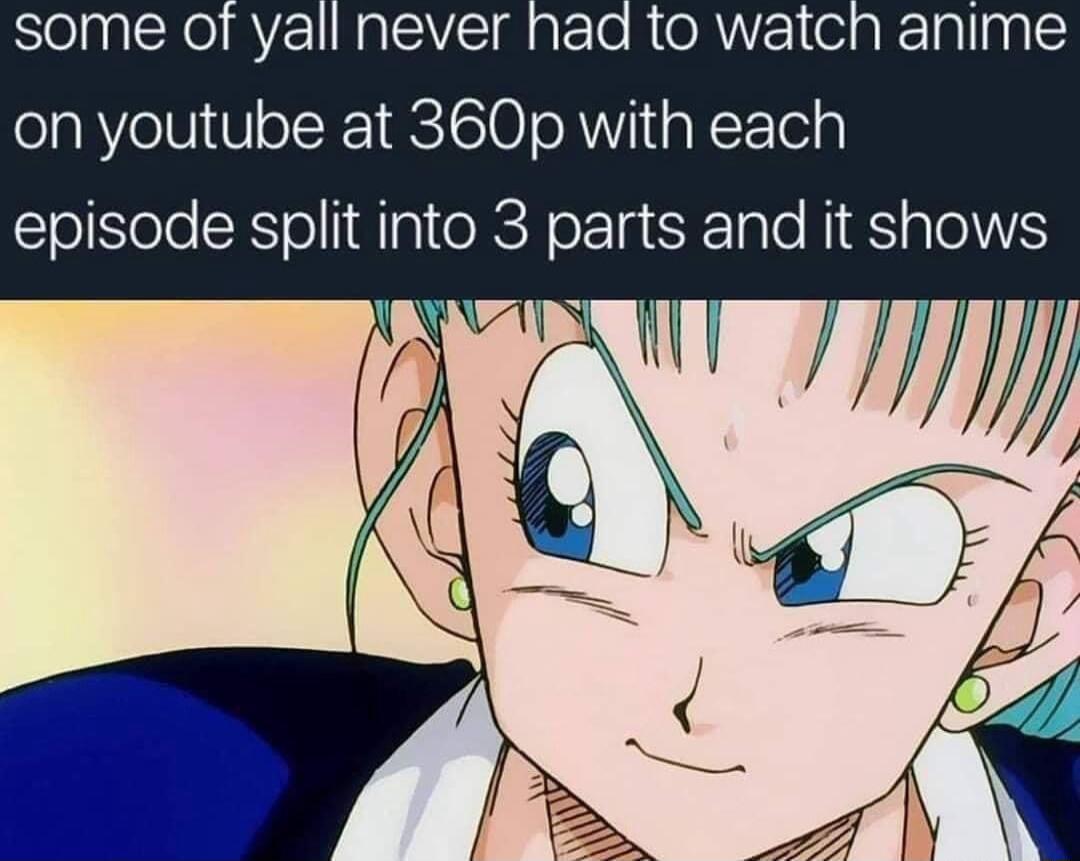 some of yall never had to watch anime on youtube at 360p with each episode split into 3 pars Elale I8 ale VS