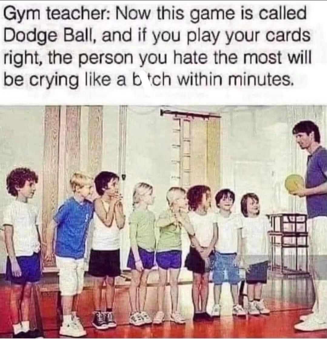 Gym teacher: Now this game is called Dodge Ball, and if you play your cards right, the person you hate the most will be crying like a b*tch within minutes.