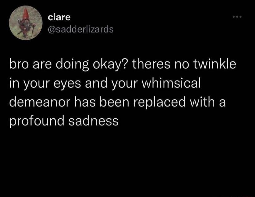 e GEELLENFETGE bro are doing okay theres no twinkle in your eyes and your whimsical demeanor has been replaced with a profound sadness