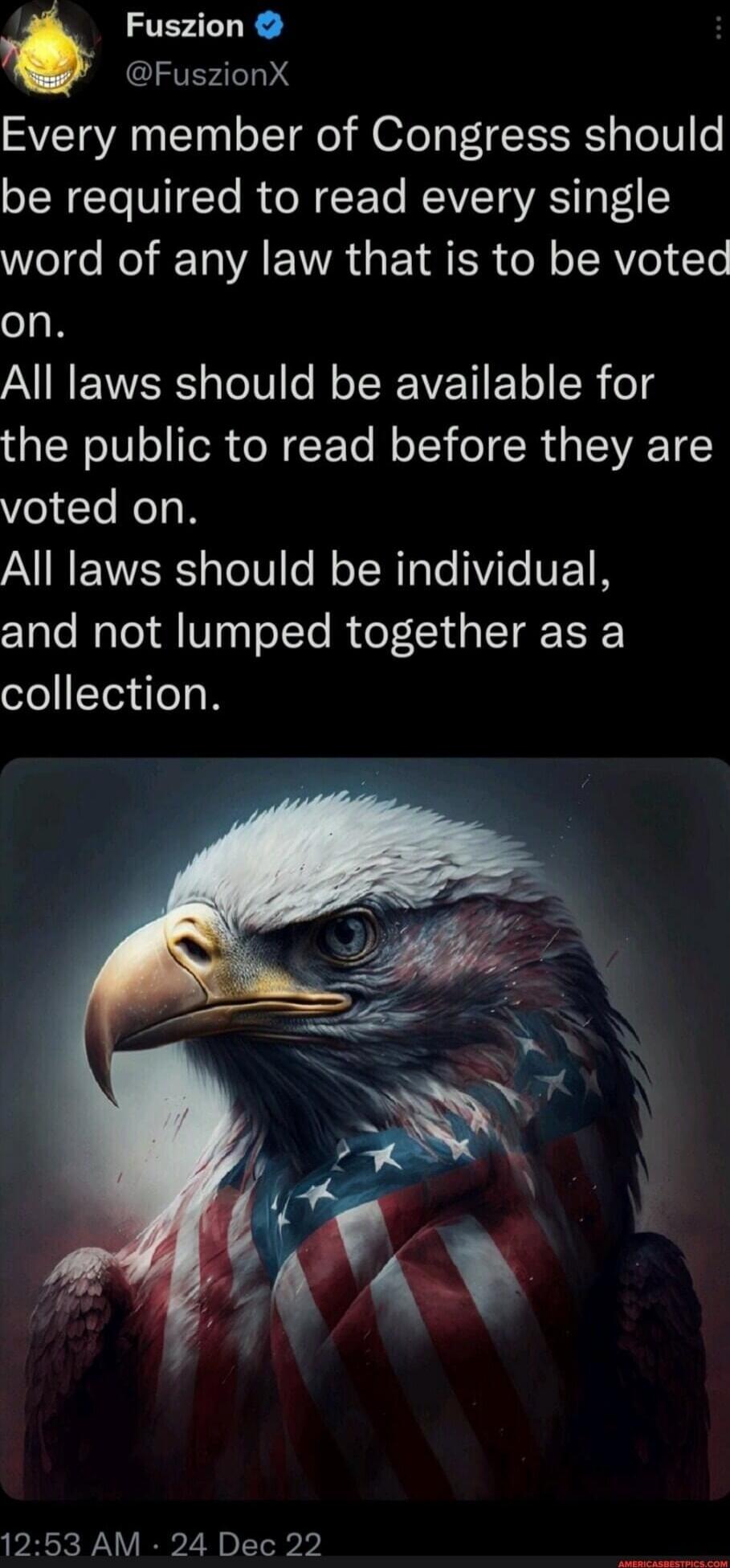 Every member of Congress should be required to read every single word of any law that is to be voted on.
All laws should be available for the public to read before they are voted on.
All laws should be individual, and not lumped together as a collection.